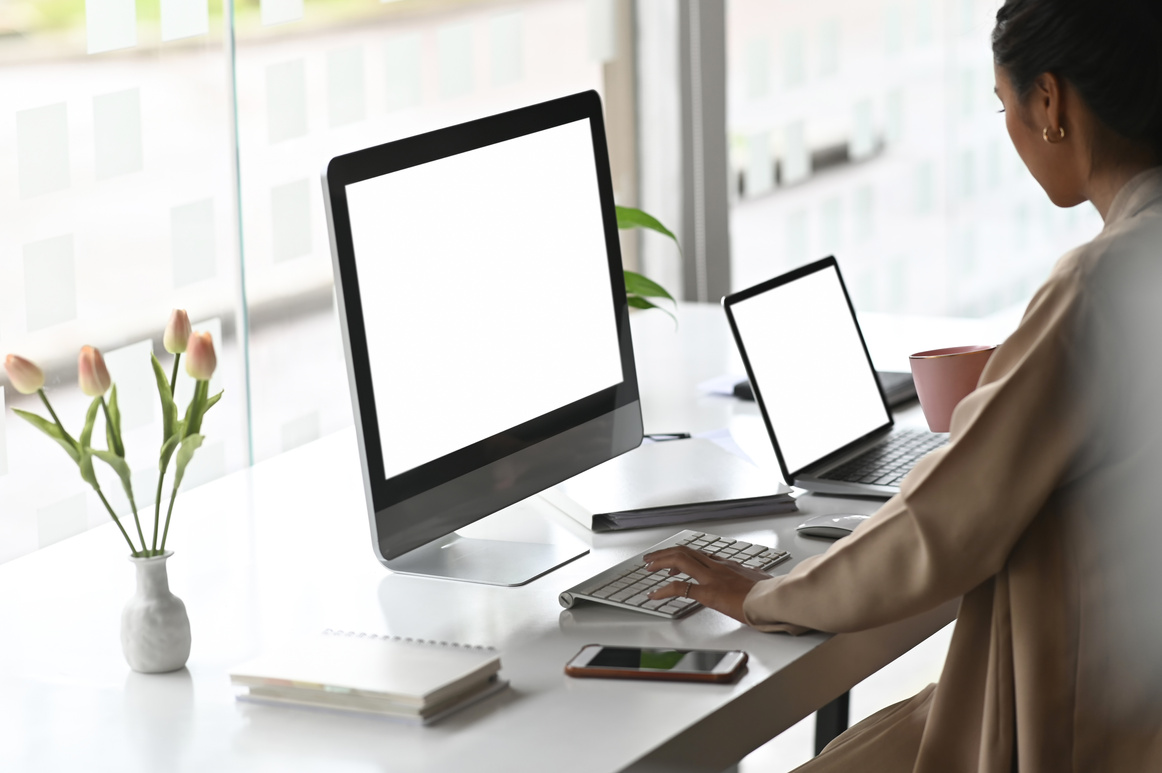 Two Screen of Computer with Businesswoman Typing Her Computer Ke